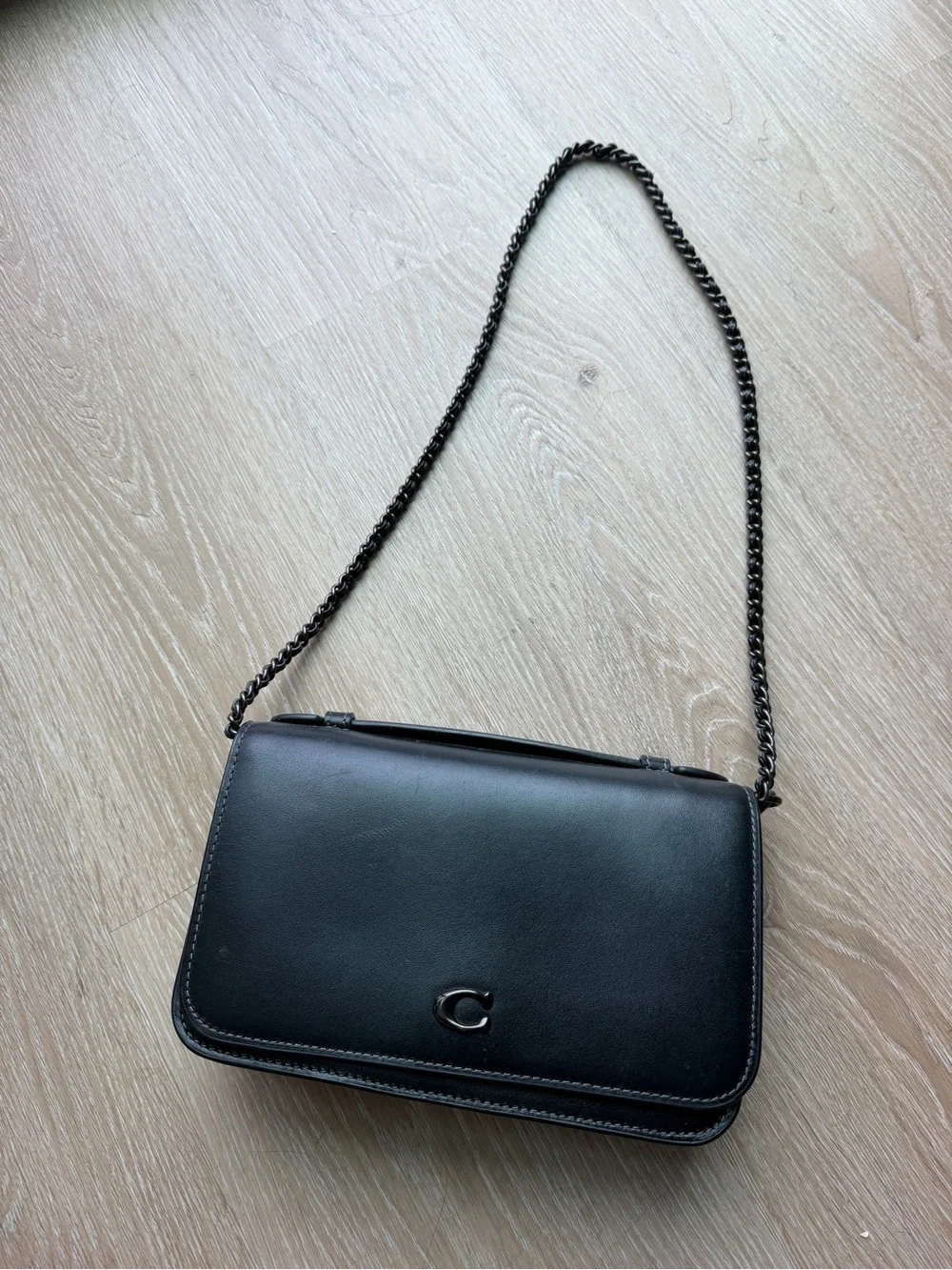 Coach Black Leather Crossbody with Gunmetal Chain